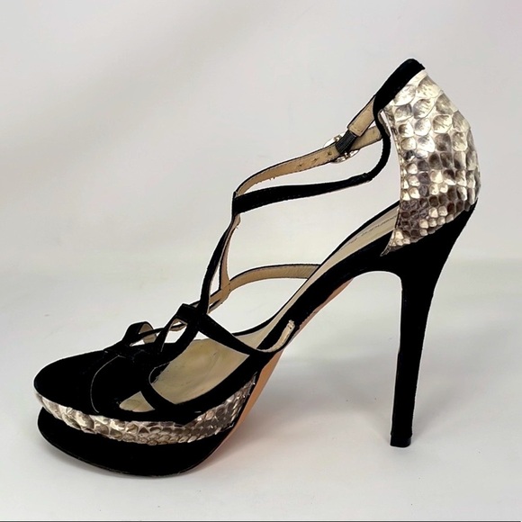 Alexandre Birman Shoes Heels Sandals Python Snakeskin Black Suede Leather 9.5 - Picture 4 of 14